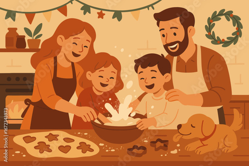 Family baking cookies together in a cozy kitchen during winter holiday celebration