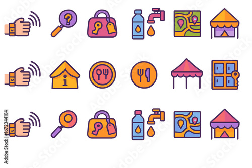 Colorful festival and event icon set with wristbands, magnifying glass, handbag with keys, bottled water, faucet, location map, food and drink symbols, tents