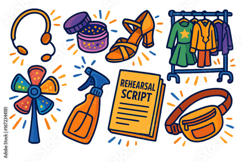 Theatre rehearsal essentials flat lay with headset, glitter makeup, high-heeled dance shoes, costume rack, colorful fan, spray bottle, rehearsal script, and fanny pack