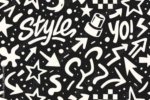 Seamless black and white graffiti pattern with arrows, stars, spray can, and urban street art lettering