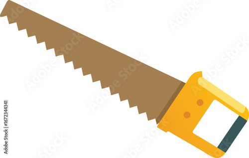 Vector illustration of a classic handsaw with a brown handle and wood shavings scattered around