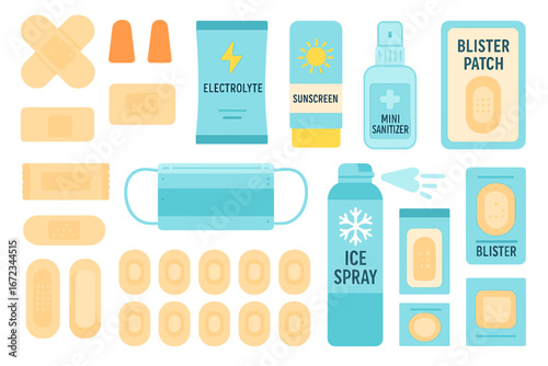 First Aid and Outdoor Essentials Kit Illustration Featuring Blister Patches, Electrolyte Packets, Ice Spray, Sunscreen, Bandages, and Sanitizer