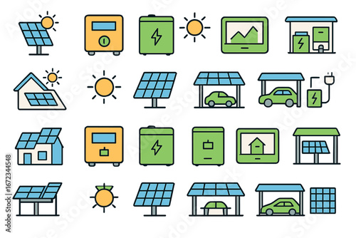 Solar energy icons illustrating innovative technology for clean power generation and usage in everyday life