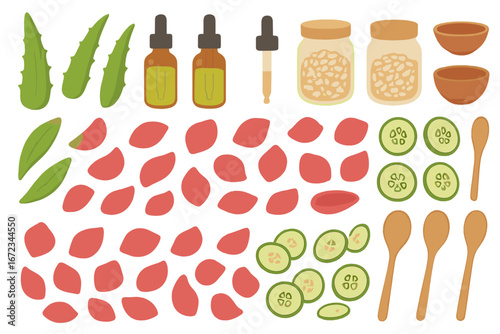 Ingredients and tools for a natural skincare routine using fresh herbs and oils