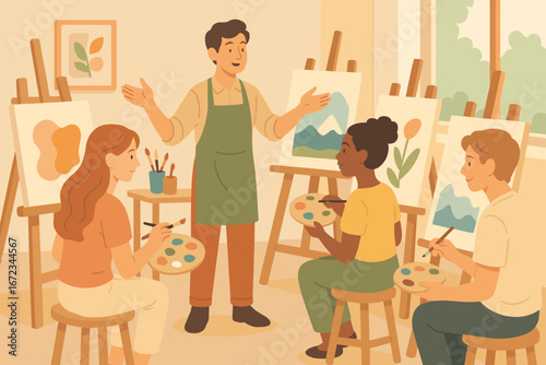 Art class in a bright studio with a teacher guiding students in their painting projects on a sunny day