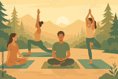 Group of people practicing yoga in a serene outdoor setting during sunset with mountains in the background