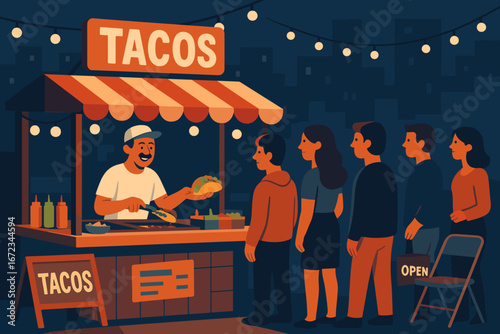 Busy taco stand attracts nighttime crowd in vibrant street food atmosphere