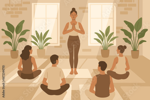 Calm yoga studio illustration with an instructor standing in prayer pose and four students seated cross-legged on mats, surrounded by large potted plants and natural sunlight from big windows.