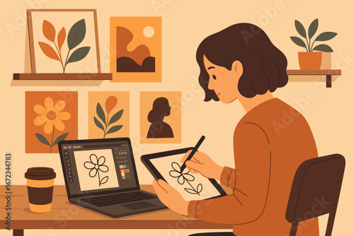 Creative individual designs floral artwork at home workspace in the afternoon