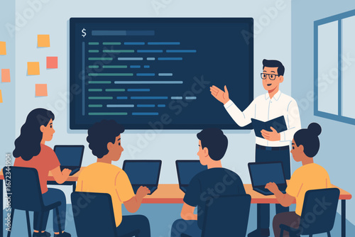 Instructor leads coding workshop in classroom setting with students engaged in learning