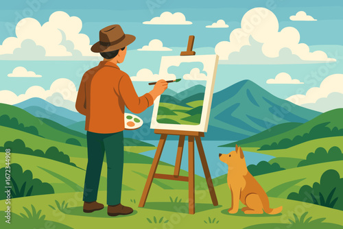 Man Painting Scenic Landscape Outdoors with Dog Companion on a Sunny Day