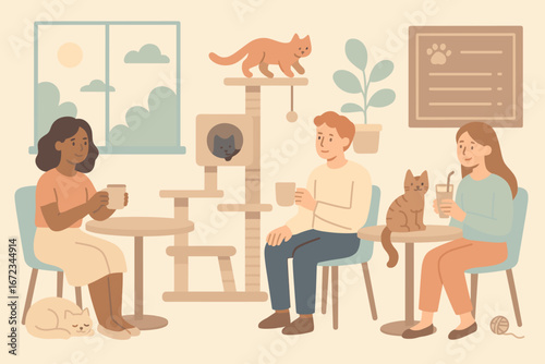 Friends enjoy drinks while relaxing with cats in a cozy cat cafe setting during the afternoon