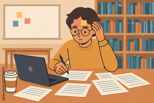 Illustration of a stressed student studying in a library, surrounded by papers, laptop, and coffee cup, with sticky notes on their forehead and a whiteboard and bookshelves in the background.