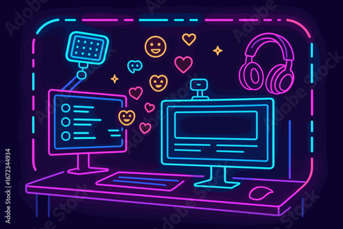 Neon glowing streaming setup with monitors, webcam, headset, and chat interface for content creators