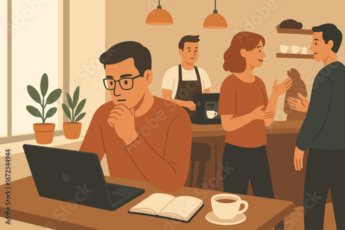 Cozy coffee shop illustration with a man working on a laptop at a table, open notebook and coffee cup in front of him, while other people chat near the counter with a barista in the background.