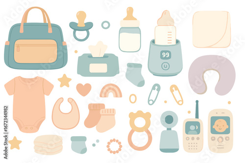 Baby essentials collection featuring various items for newborn care and comfort