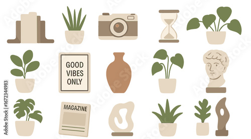 Minimalist home decor icon set with green-beige gradient background, featuring potted plants, books, camera, hourglass, vase, sculptures, framed quotes, magazines, and decorative objects