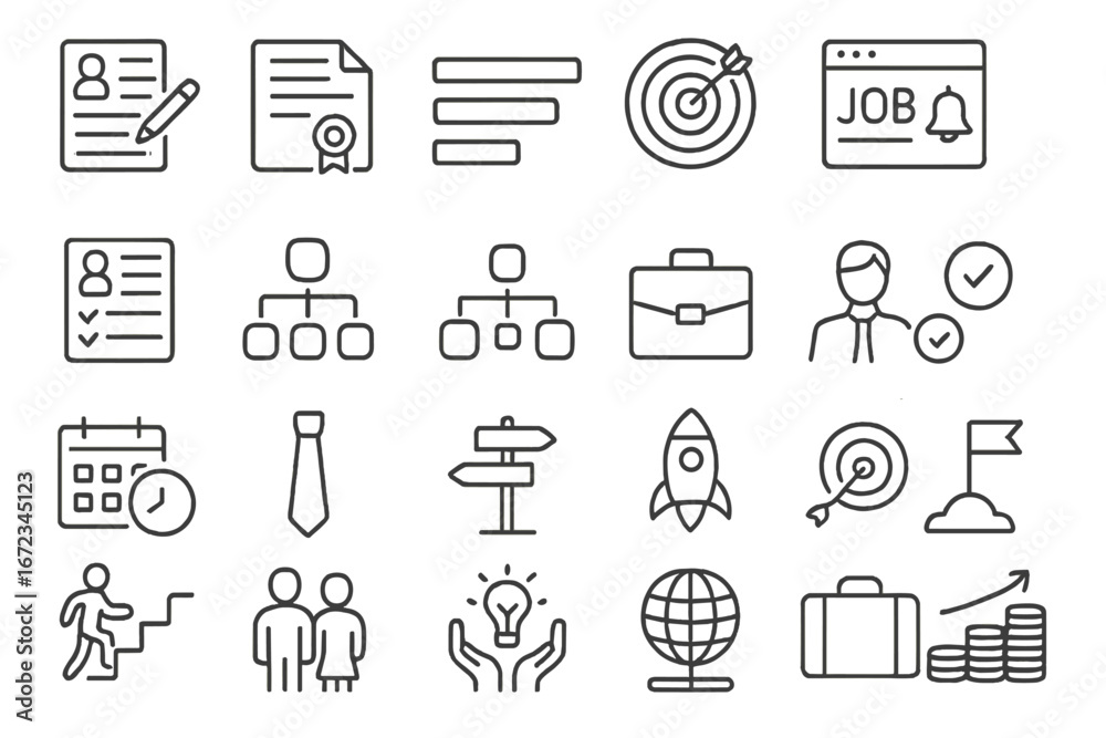 Fototapeta premium Various icons representing job search, recruitment, and career development activities in a modern design style
