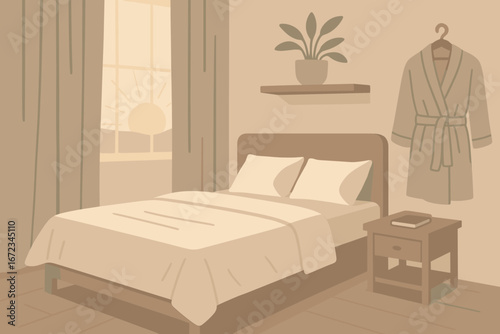 Minimalist bedroom interior with sunrise through window, cozy bed, and warm neutral tones