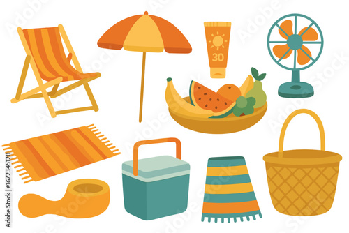 Colorful summer beach essentials featuring a lounge chair, sun umbrella, cooler, and tropical fruits arranged together