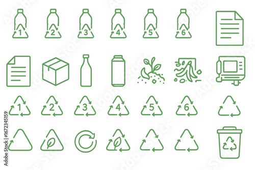 Icons of recycling symbols and eco-friendly materials for sustainable practices in waste management and environmental awareness