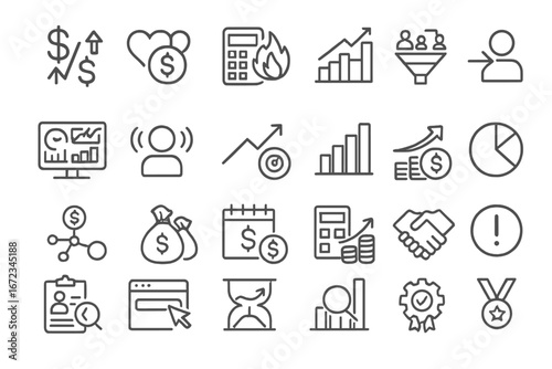 Business and finance icons illustrating key concepts of accounting, investment, and analytics in a modern digital environment
