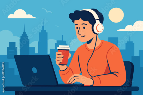 Young man enjoying coffee while working on laptop in a city setting with headphones on a bright day