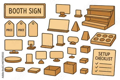 Various booth display items and setup checklist for effective event marketing and organization