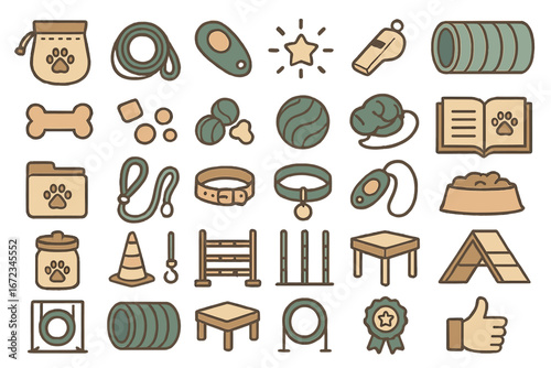 Various pet training tools and supplies displayed in an organized layout for dog training activities