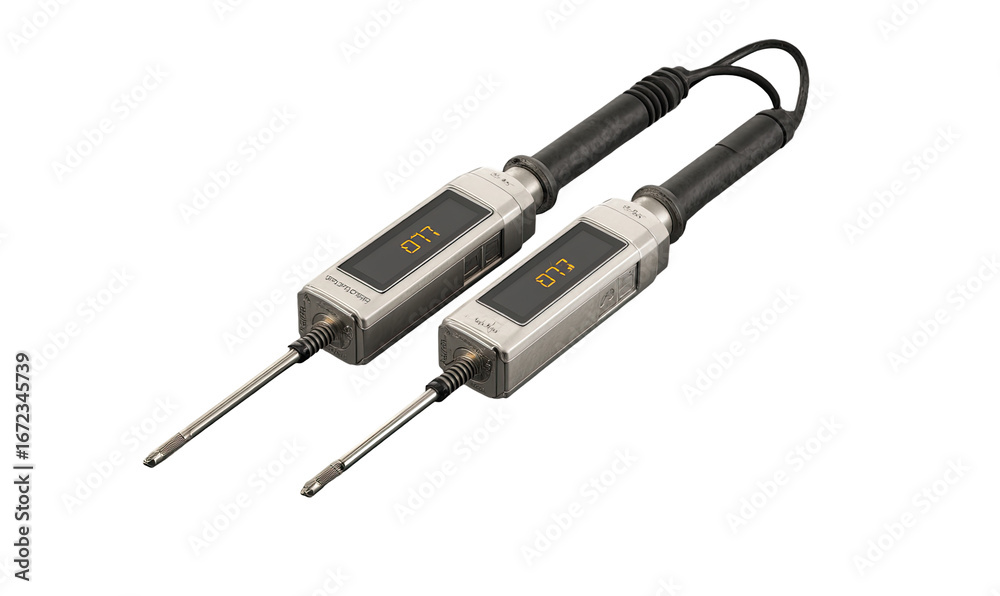 Obraz premium Two gray, rectangular devices with digital displays and probes, connected by a cable