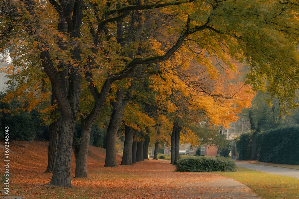 Naklejka premium Autumn tree-lined pathway with fallen orange leaves and a paved road backdrop branch