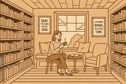 Cozy monochrome illustration of a woman sitting in a home library, drinking coffee with an open book on the table, surrounded by bookshelves and inspirational reading quotes on the walls.