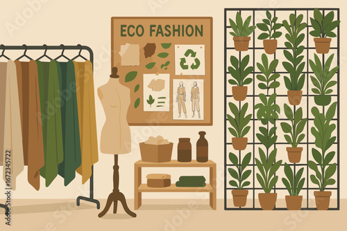 Eco-friendly fashion design studio with sustainable fabrics, plants, and a mood board