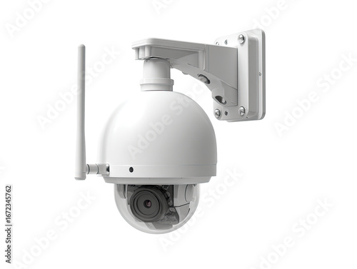 A white dome security camera with a pan-tilt function, mounted on a wall bracket.  The camera has a small antenna