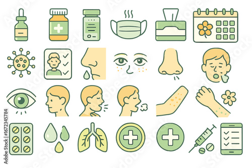 Green medical and allergy symptom icons set including nasal spray, medicine bottles, face mask, tissues, pollen calendar, virus, runny nose, itchy eyes, coughing