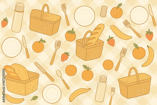 Colorful picnic setup with baskets, fruits, and utensils arranged on a light yellow checkered background