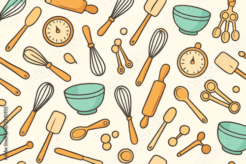 Colorful cooking utensils pattern displaying various kitchen tools and equipment on a light background