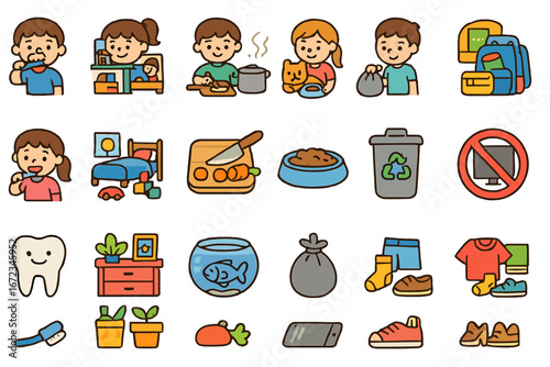 Children's daily activities include chores, cooking, and playtime in a colorful and engaging illustrated style