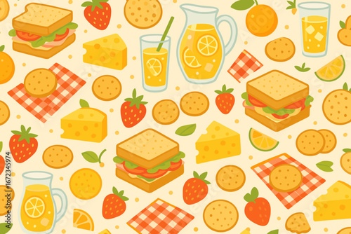 Colorful picnic pattern featuring sandwiches, fruits, and refreshing drinks on a cream background ideal for summer gatherings
