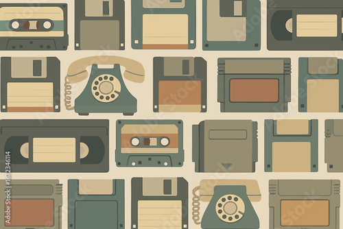 Vintage technology collage featuring retro telephones, cassette tapes, and floppy disks in muted colors