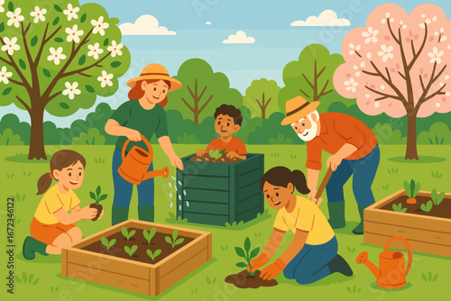 Community members engage in gardening activities during a sunny day in a green park, cultivating plants and enjoying teamwork