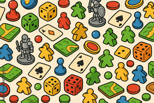 Seamless pattern of colorful board game pieces including dice, pawns, meeples, cards, tokens, tiles, and knight figurines on light background