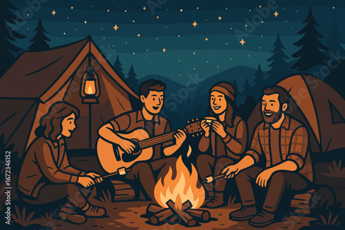 Group of friends enjoying a cozy night camping with campfire, guitar, and marshmallows under starry sky