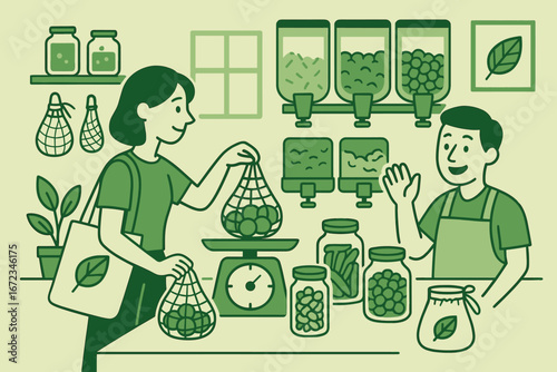 Monochrome green illustration of a zero waste store with a customer weighing produce in a reusable mesh bag, jars of food on the counter, bulk dispensers on the wall, and an employee waving.