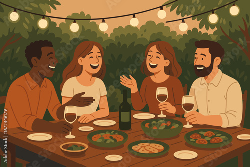Friends enjoy a lively outdoor dinner gathering under twinkling lights during a warm evening