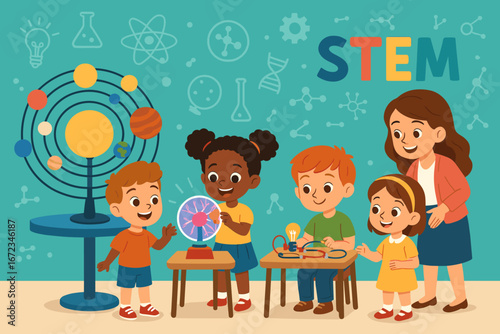 Children engaged in hands-on STEM activities in a bright classroom setting during afternoon hours
