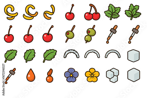 Flat design illustration of cocktail garnish and ingredient icons including citrus peels, cherries