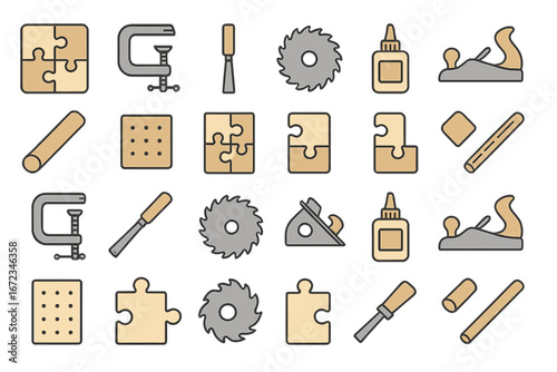 Seamless pattern of woodworking and carpentry icons, including jigsaw puzzle pieces, clamps, chisels, circular saw blades, glue bottles