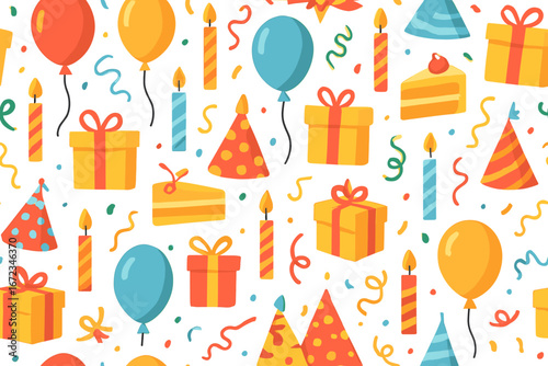 Colorful celebration pattern featuring balloons, hats, gifts, and cake decorations for a festive occasion