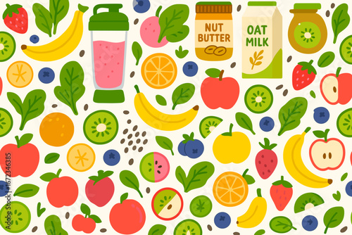 Colorful arrangement of fresh fruits, leafy greens, and nutritious drinks on a light background showing healthy lifestyle choices